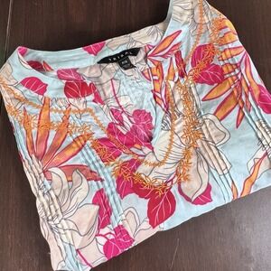 Tribal Women's Blue Floral Embroidered Tunic Top P/S Petite Small Rayon Cotton